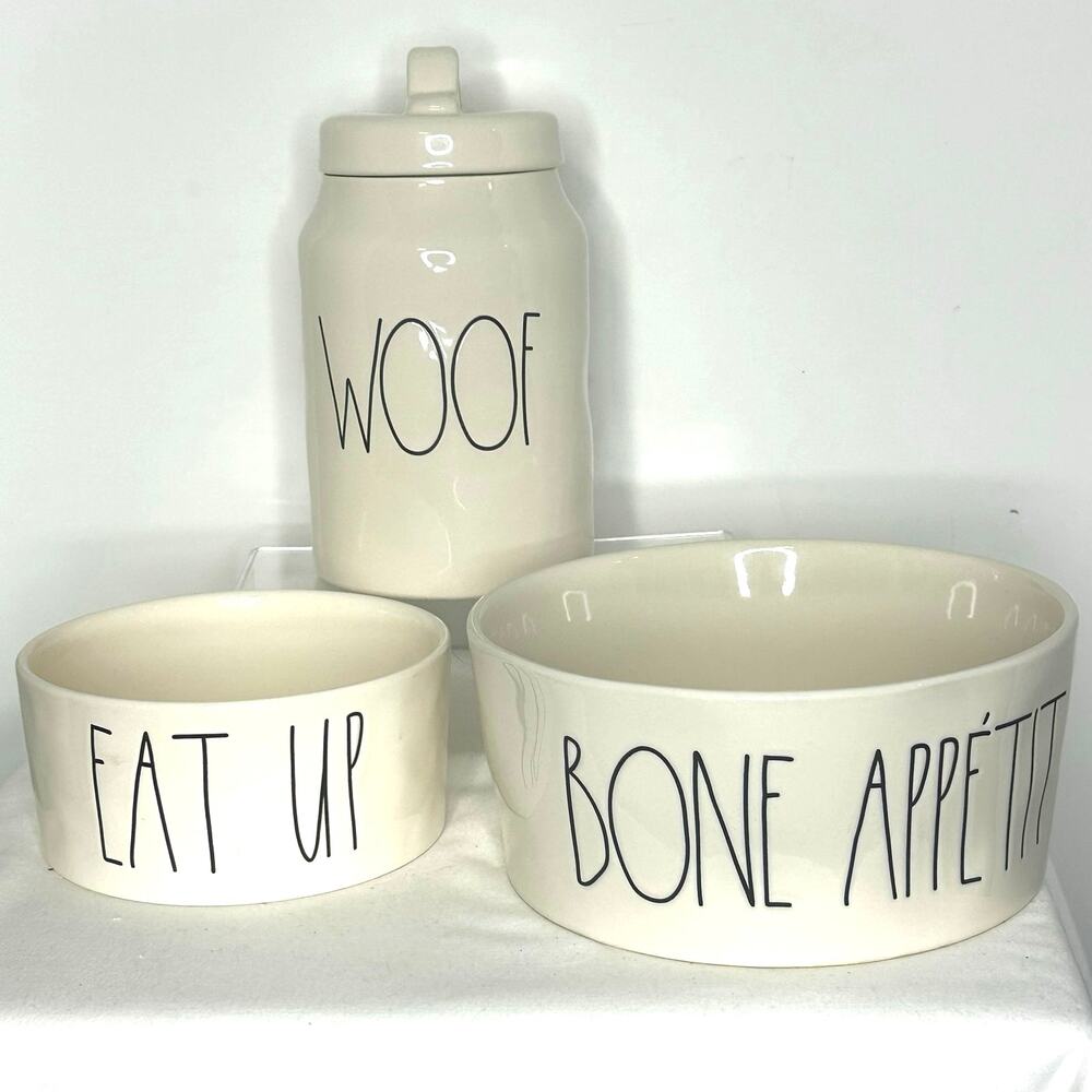 Rae Dunn Dog Bowl Set BONE APPETIT EAT UP WOOF Canister Farmhouse Pet